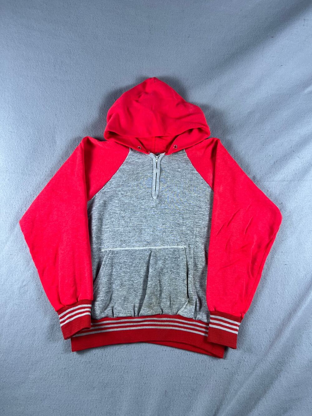 Vintage 70s Hoodie Youth S Gray Red Raglan Two Tone Striped Oversized Streetwear
